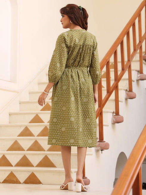 Olive Green Pure Cotton Floral Printed A-line Dress