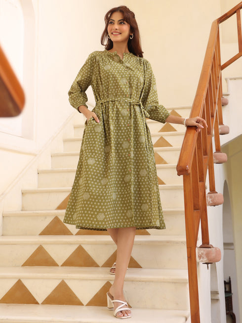 Olive Green Pure Cotton Floral Printed A-line Dress