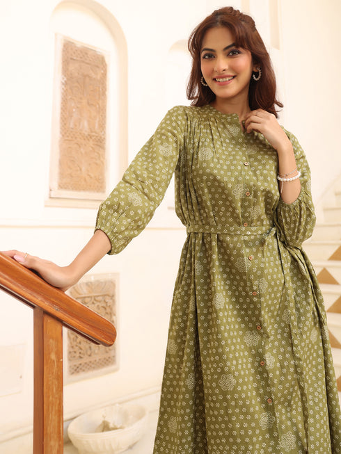 Olive Green Pure Cotton Floral Printed A-line Dress