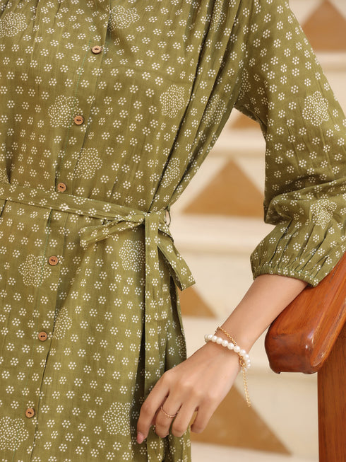 Olive Green Pure Cotton Floral Printed A-line Dress