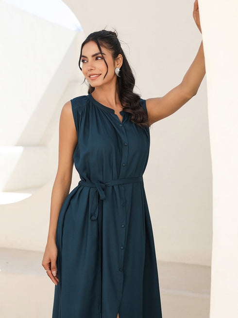 Teal Blue Rayon Solid A-line Dress