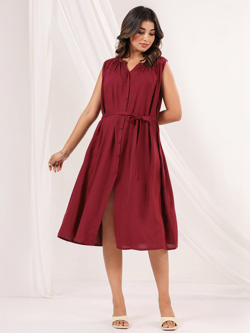 Janasya Women's Maroon Rayon Solid A-line Dress