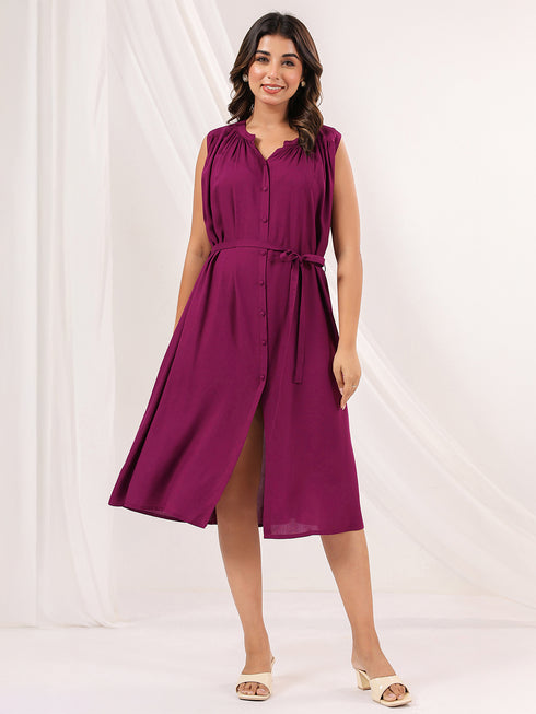 Janasya Women's Wine Rayon Solid A-line Dress