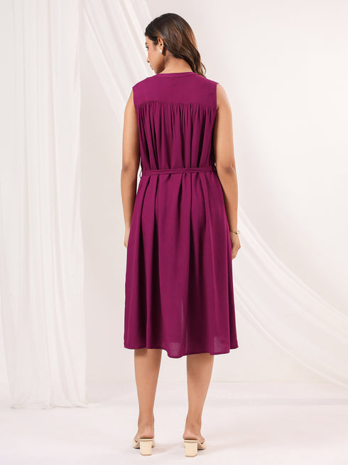 Janasya Women's Wine Rayon Solid A-line Dress