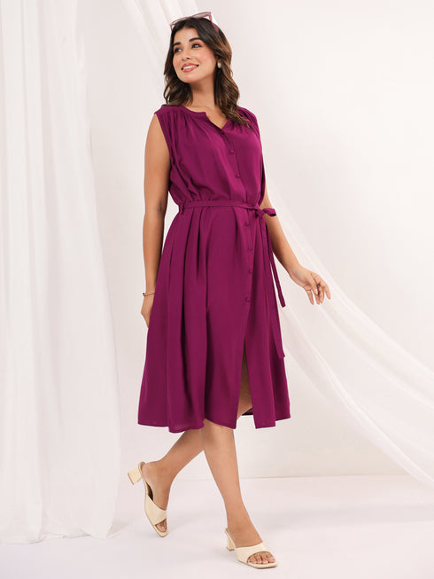 Janasya Women's Wine Rayon Solid A-line Dress