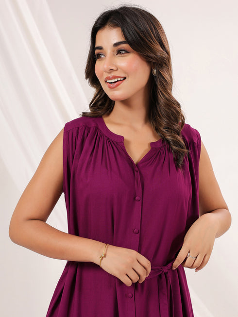 Janasya Women's Wine Rayon Solid A-line Dress