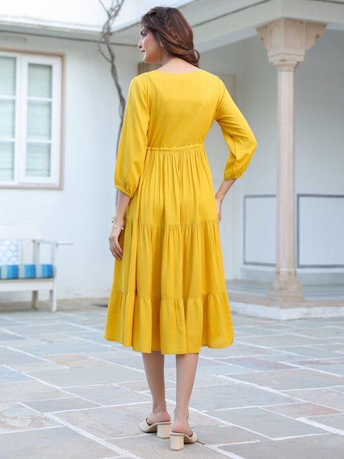 Yellow Rayon Solid Tiered Dress