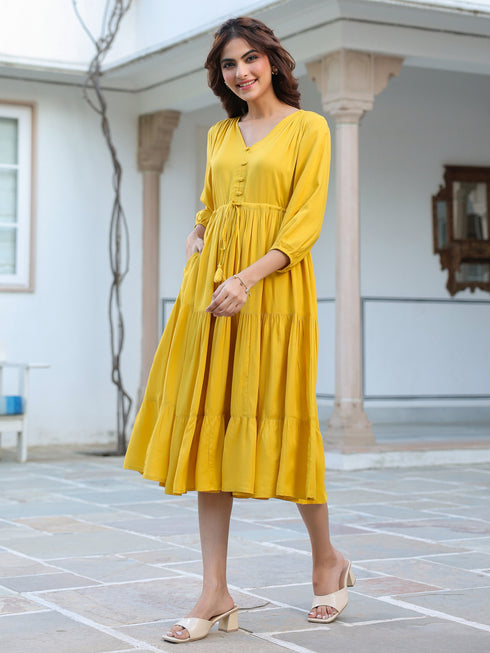 Yellow Rayon Solid Tiered Dress
