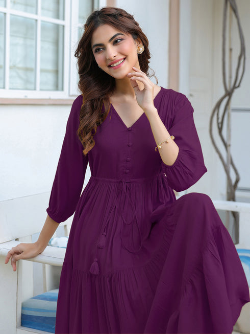 Purple Rayon Solid Tiered Dress