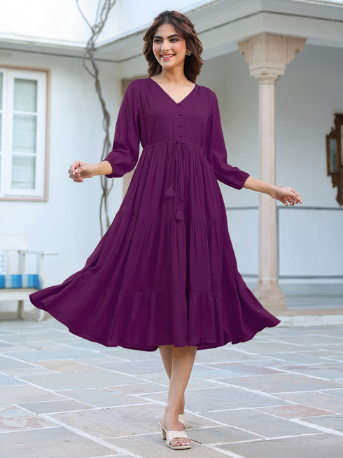 Purple Rayon Solid Tiered Dress