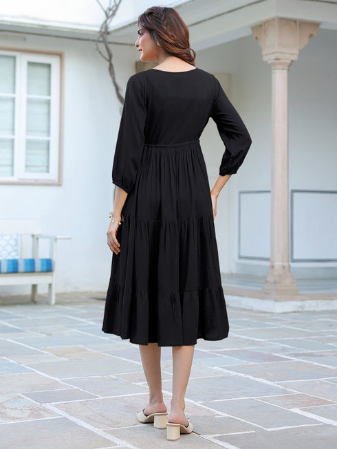 Black Rayon Solid Tiered Dress