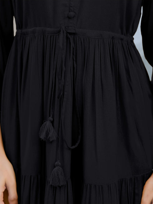 Black Rayon Solid Tiered Dress