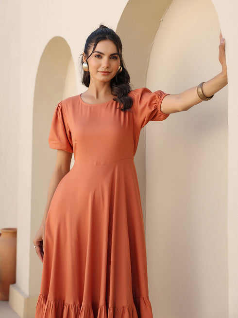 Rust Rayon Solid Tiered Dress