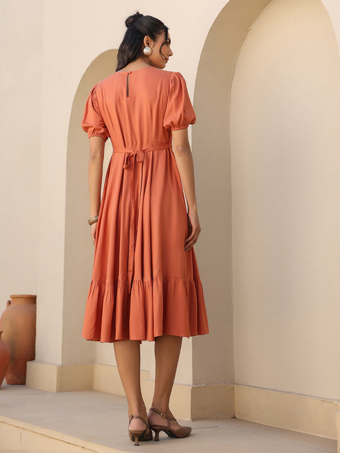Rust Rayon Solid Tiered Dress