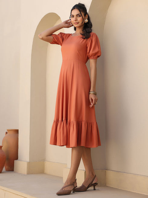 Rust Rayon Solid Tiered Dress