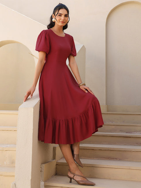 Maroon Rayon Solid A-line Dress