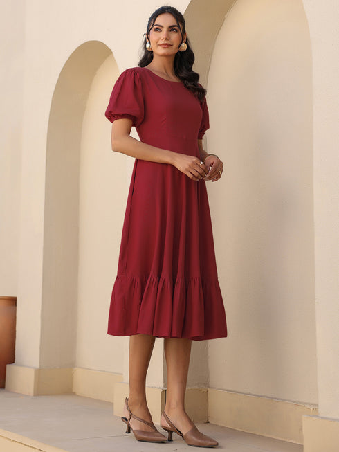 Maroon Rayon Solid A-line Dress