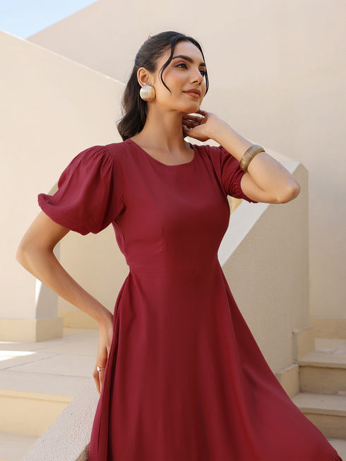 Maroon Rayon Solid A-line Dress