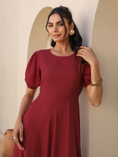 Maroon Rayon Solid A-line Dress