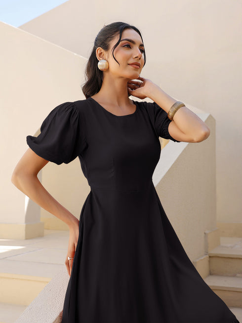Black Rayon Solid A-line Dress