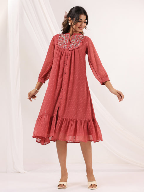 Janasya Women's Mauve Dobby Chiffon Embroidered A-line Dress