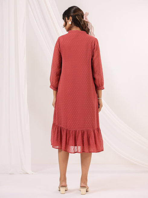 Janasya Women's Mauve Dobby Chiffon Embroidered A-line Dress