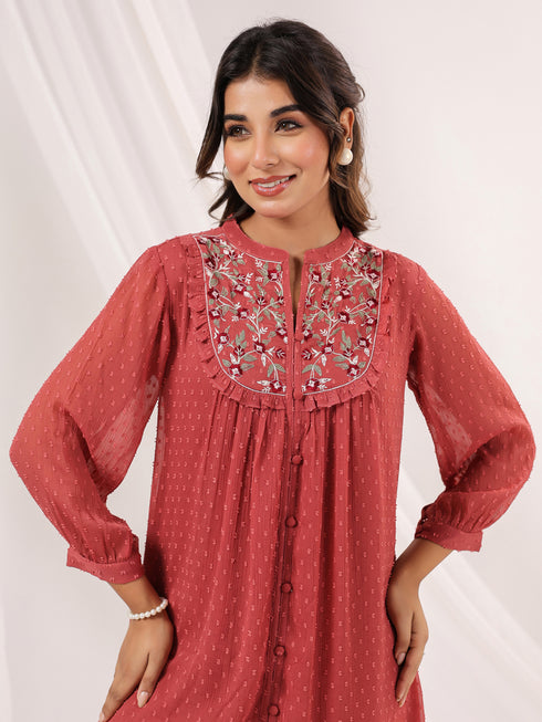 Janasya Women's Mauve Dobby Chiffon Embroidered A-line Dress