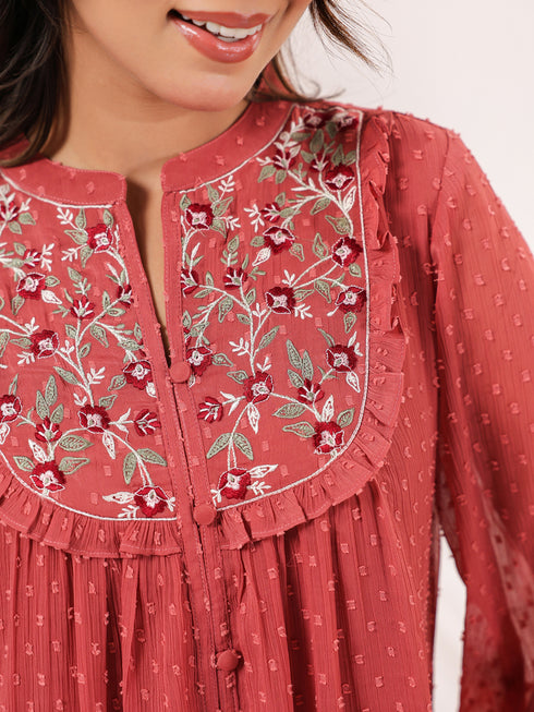 Janasya Women's Mauve Dobby Chiffon Embroidered A-line Dress