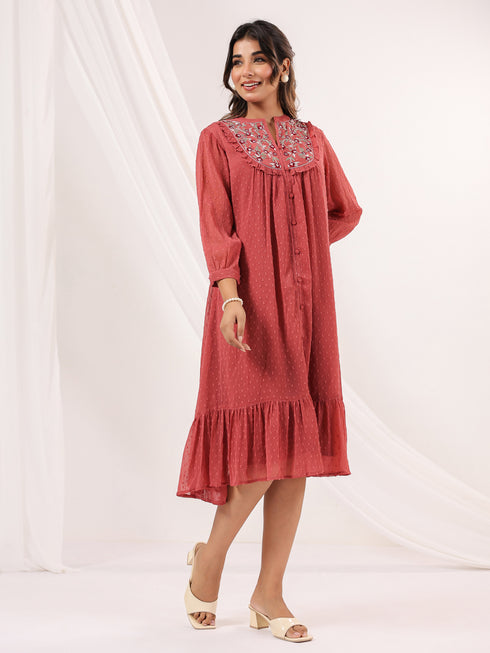 Janasya Women's Mauve Dobby Chiffon Embroidered A-line Dress