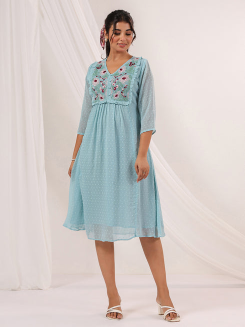 Janasya Women's Light Blue Dobby Chiffon Embroidered A-line Dress