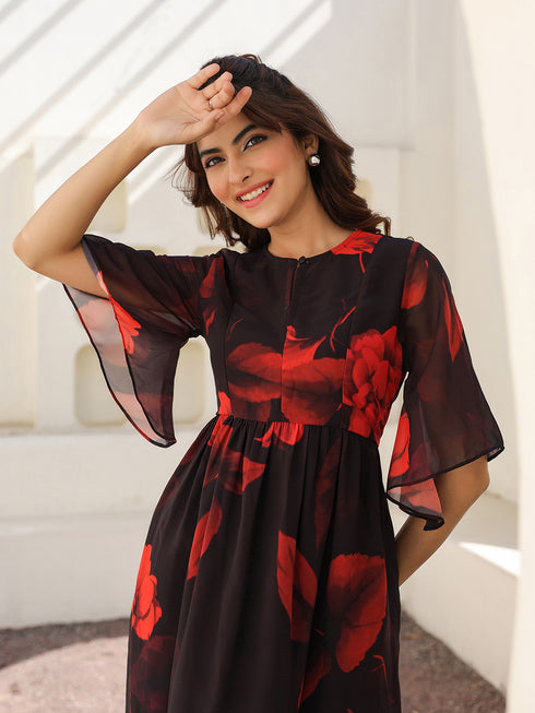 Black Georgette Floral Printed A-line Dress