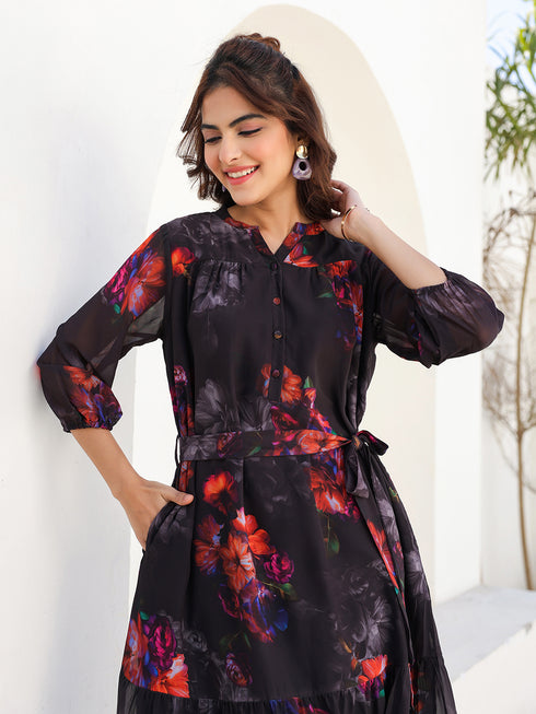 Black Georgette Floral Printed Tiered Dress
