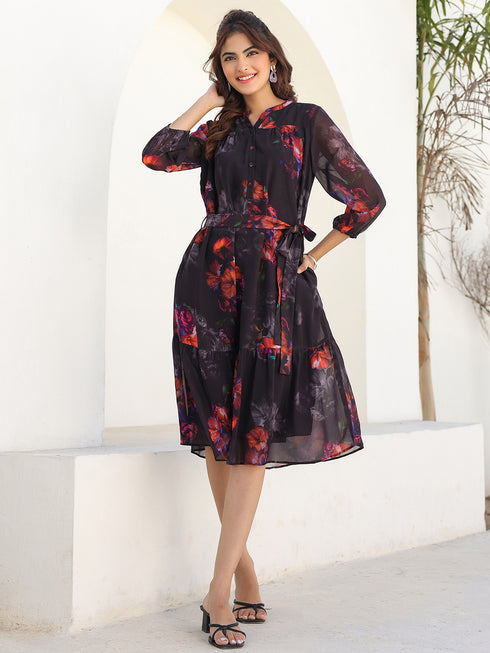 Black Georgette Floral Printed Tiered Dress
