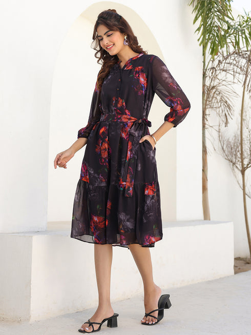 Black Georgette Floral Printed Tiered Dress