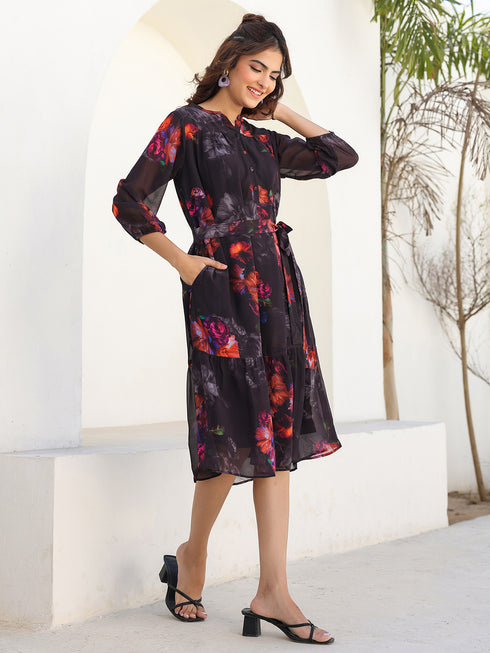 Black Georgette Floral Printed Tiered Dress