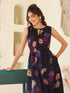 Black Georgette Floral Printed Gathered Dress