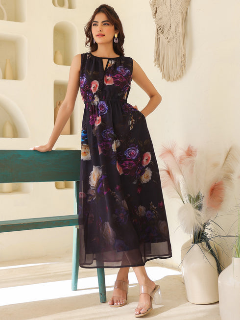 Black Georgette Floral Printed Gathered Dress