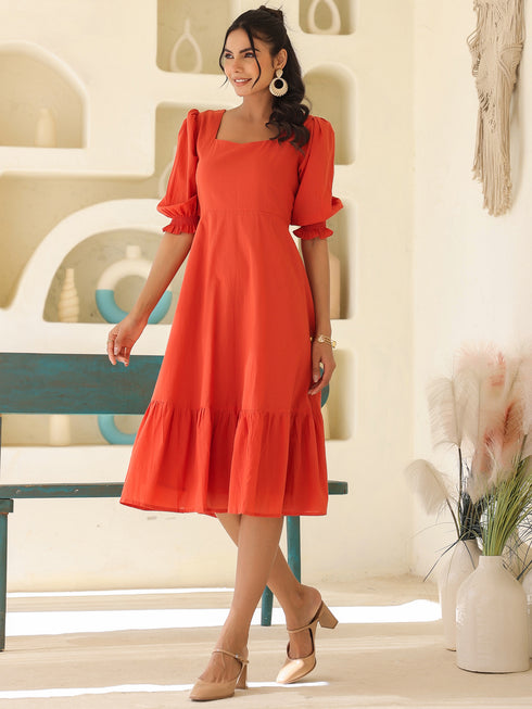 Rust Pure Cotton Solid A-line Dress