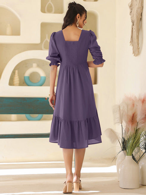 Purple Pure Cotton Solid A-line Dress