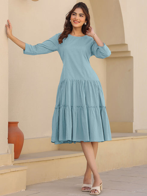 Light Blue Pure Cotton Solid Tiered Dress