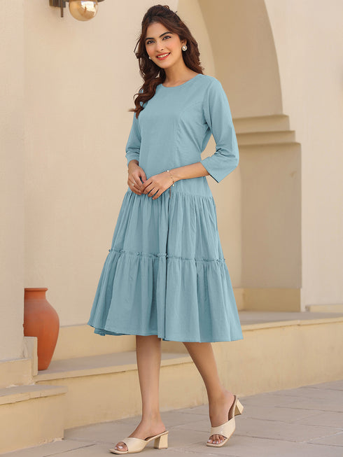 Light Blue Pure Cotton Solid Tiered Dress