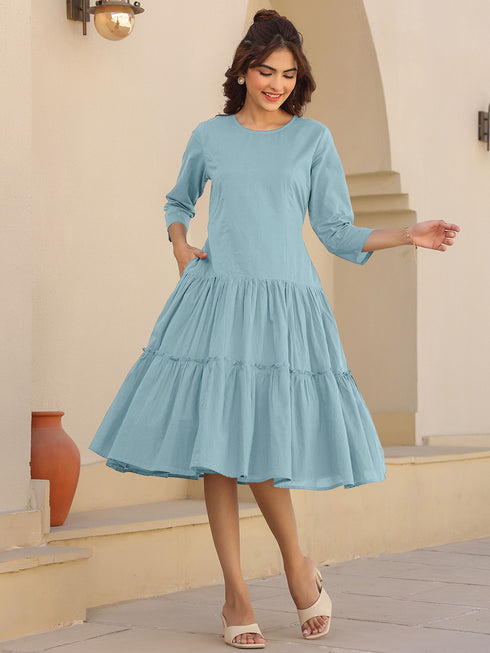 Light Blue Pure Cotton Solid Tiered Dress