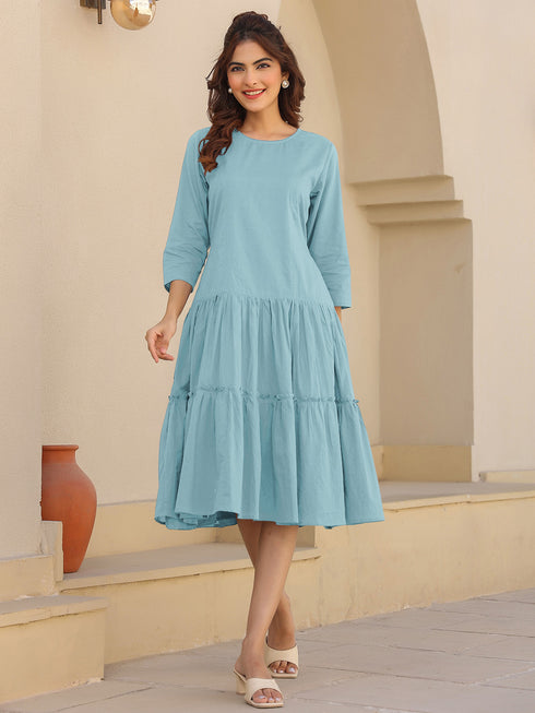 Light Blue Pure Cotton Solid Tiered Dress