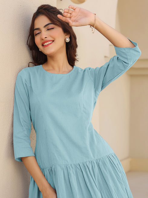 Light Blue Pure Cotton Solid Tiered Dress