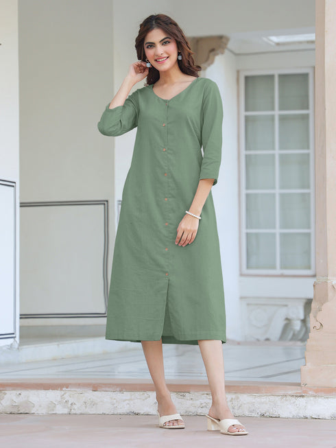 Green Cotton Solid Straight Dress
