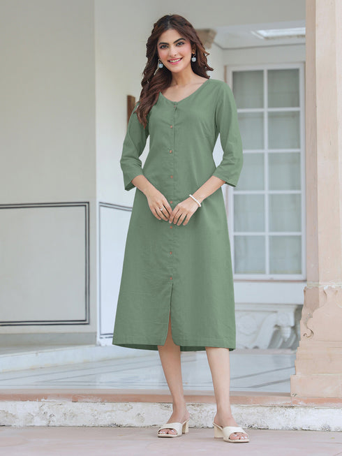 Green Cotton Solid Straight Dress