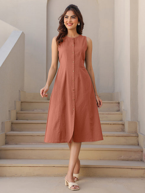 Rust Cotton Solid A-line Dress