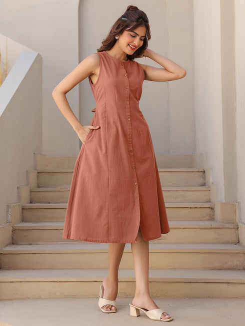Rust Cotton Solid A-line Dress