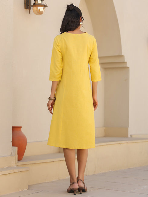Yellow Cotton Solid A-line Dress