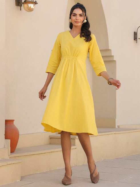 Yellow Cotton Solid A-line Dress
